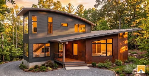 Modern two-story home with sloping rooflines, dark siding, rust-colored accents, and a covered entrance in a wooded setting.