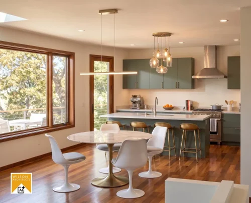 Open kitchen and dining area with muted green cabinets, an island with bar stools, and a round table beside large windows.