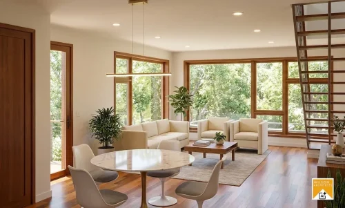 Bright living and dining area with cream seating, wood floors, large windows overlooking trees, and an open staircase.
