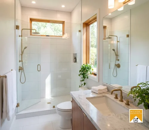 Bathroom with a glass-enclosed tiled shower, wood vanity, brass fixtures, and wood-trimmed windows.