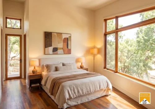 Bedroom with cream bedding, a brown throw, abstract artwork, bedside lamps, and a large window overlooking woods.