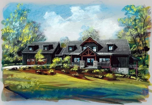 Architectural rendering of a craftsman-style home with dark siding, timber accents, stone columns, dormer windows, and a covered front porch