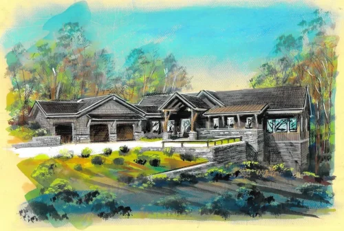 Architectural rendering of a mountain home with multiple gabled rooflines, stone accents, a covered entry, and attached garage.