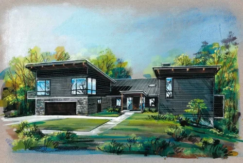 Architectural rendering of a contemporary mountain home with dark siding, stone accents, low-sloping rooflines, and large windows.
