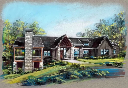 Architectural rendering of a rustic contemporary Craftsman home with dark siding, stone accents, prominent gables, and a large stone chimney