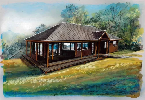 Architectural rendering of a mountain bungalow with a metal roof and expansive covered wraparound deck.