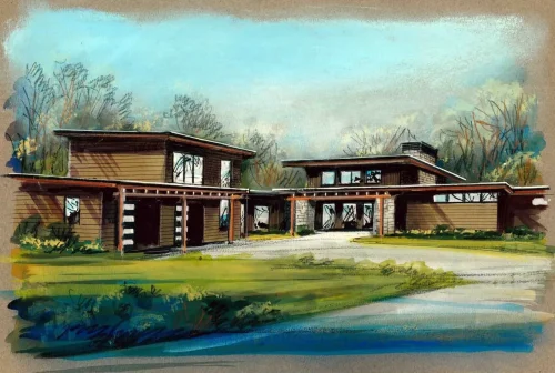 Architectural rendering of a contemporary mountain home with low-pitched rooflines, natural materials, and expansive windows.