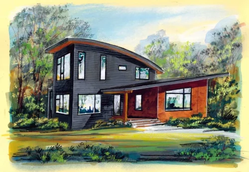 Architectural rendering of a contemporary two-story home with dark siding, warm-toned exterior accents, large windows, and sloped rooflines.