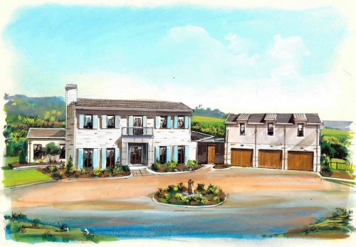 Illustration of a large two-story house with white siding, blue shutters, and a central front door, connected to a separate three-car garage by a breezeway, with landscaped greenery and a round driveway under a bright blue sky.
