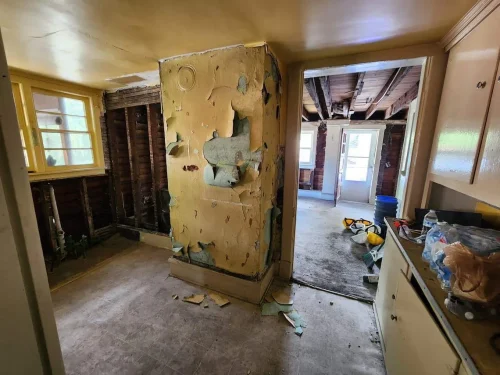 Dilapidated kitchen with peeling paint and exposed wall framing.