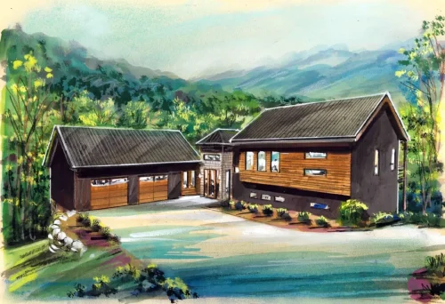 A watercolor illustration of a modern house with a garage, surrounded by greenery and mountains in the background.