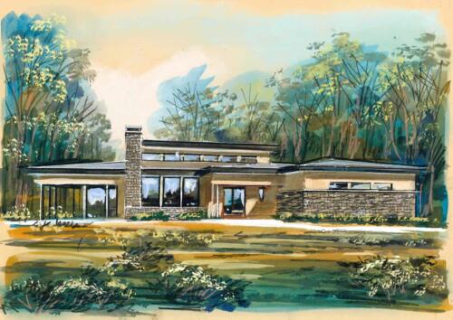 Ridgetop Retreat rendering, Modern home with large windows, stone, stucco, and wood exterior.
