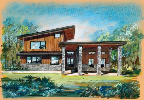 Rockcrest water color. Brown and stone modern home.