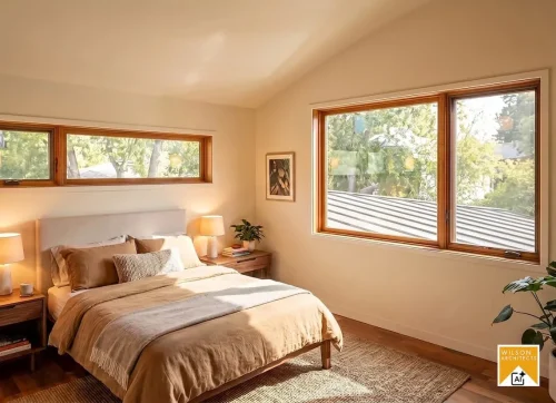Upstairs bedroom with a sloped ceiling, neutral bedding, wood floors, and windows overlooking the roof and surrounding trees.
