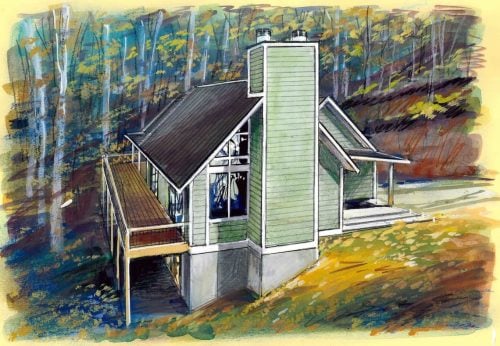 Architectural rendering of a green mountain home with a steep roofline, large windows, and an elevated deck.